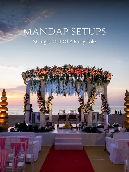 A collection of fairy-tale mandap setups, from beachside ceremonies at sunset to opulent floral structures, showcasing the breadth of our design capabilities.