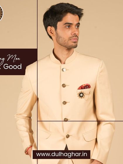 Making men look good. A model in a cream Bandhgala suit, showcasing a light and elegant option for daytime events.