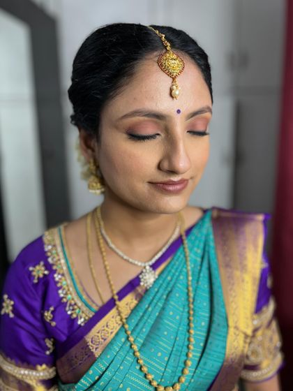My bride Harini from London, looking elegant for her Viratham. We did a soft, subtle makeup look that enhanced her natural features.