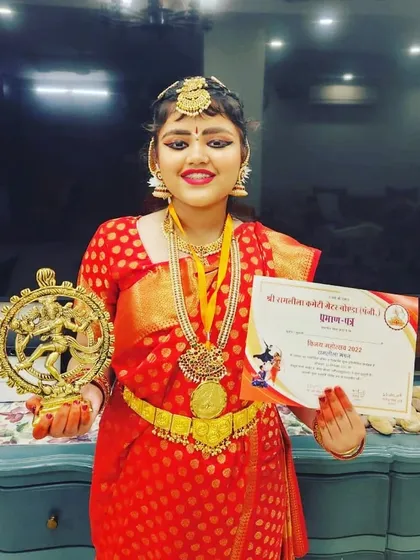 Another one of my brilliant students celebrating her win. Her smile says it all! Holding the Nataraja trophy and her certificate is a reward for her consistent practice and dedication to the art form.