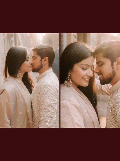 A diptych of two intimate, romantic close-ups from the Old Delhi shoot, capturing kisses and gentle smiles.