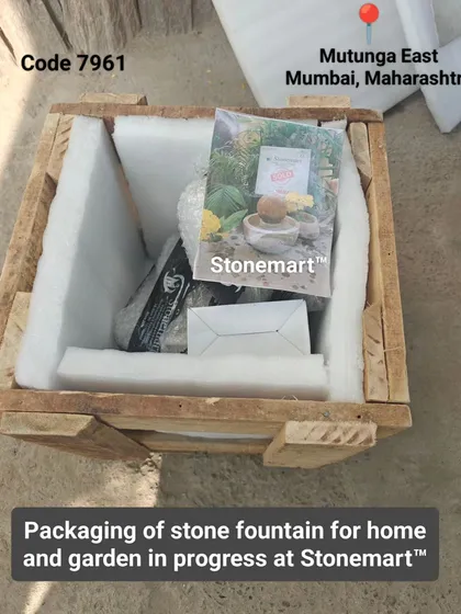 A look inside the crate for a small fountain, showing how we use foam padding to protect the stone during shipping.