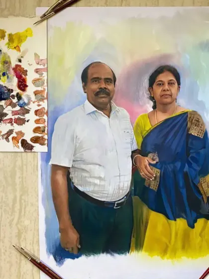 An oil portrait of a couple, with a soft, blended background that makes them the focus. The color palette was carefully chosen to create a harmonious feel.