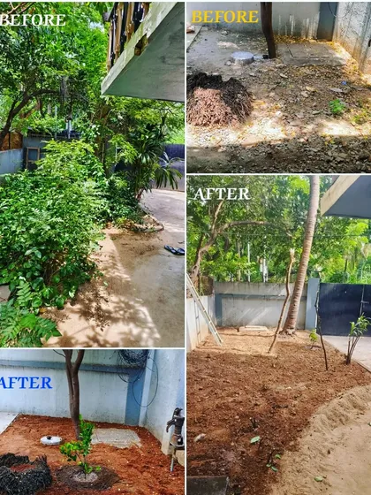 From a messy, unusable patch of dirt to a clean and prepared garden bed. This before and after collage shows our ground clearing and soil preparation service, creating the perfect foundation for a new garden setup.