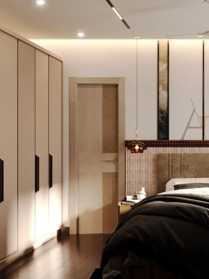 A master bedroom with fluted wardrobes, a textured headboard, and a wall featuring vertical art panels for a contemporary look.