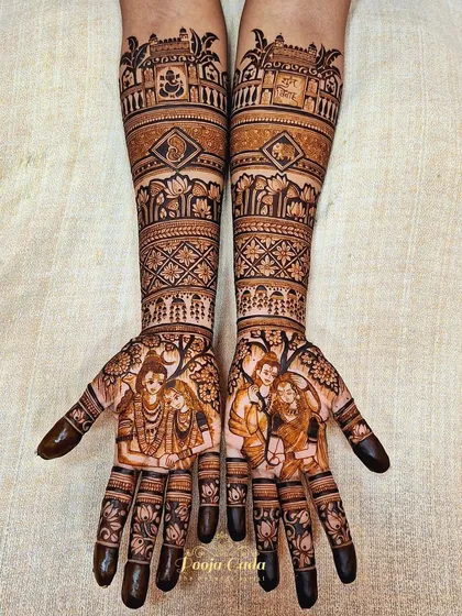 For the spiritual bride, this design features beautiful portraits of Shiv-Parvati and Ram-Sita. It's a divine blessing etched into her bridal look, celebrating faith and eternal love.