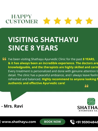 We are honored to have earned the trust of clients like Mrs. Ravi, who has been with us for eight years. Her experience highlights our commitment to knowledgeable doctors, personalized care, and authentic, effective Ayurvedic treatments.