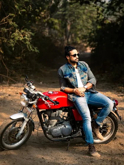 For me, a portrait is about capturing a vibe. This men's portfolio shoot combined a classic Royal Enfield with a rugged outdoor setting to build a complete story and character.