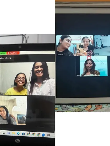 This image shows another one of our virtual sessions. Whether you're learning a sangeet choreography or joining a regular batch, our online classes offer the same energy and personalized attention as our in-studio sessions.