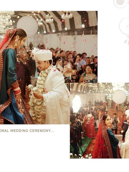 An album spread showing the varmala ceremony. The groom bows to receive the garland from his bride, surrounded by cheering family and friends, capturing a key moment of a traditional Indian wedding.