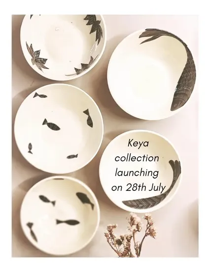 Announcing the launch of my Keya Collection. This collection, inspired by the monsoon, features my signature hand-painted fish and lotus motifs on bowls, plates, and more.