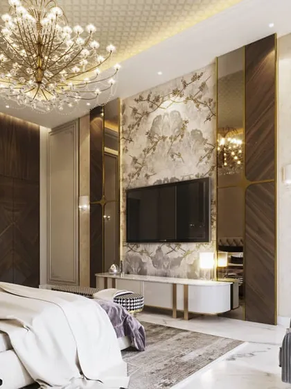 Exploring a grand master bedroom from multiple angles, this series showcases ornate details, including hand-painted wallpaper, crystal chandeliers, and classic furniture, all rendered to convey a sense of regal luxury.