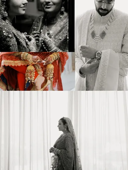 A collection of black and white detail shots from a Sikh wedding, focusing on the bride's kalire, a mother's touch, and the groom adjusting his watch and sherwani.