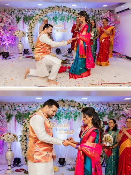 The ring ceremony in action. These photos show the groom proposing and the couple exchanging rings, surrounded by the blessings of their families.