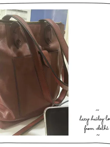 Kadambari's Lazy Hailey tote keeping her company at work in Delhi. The Cinnamon leather is a rich, warm tan that ages beautifully over time.
