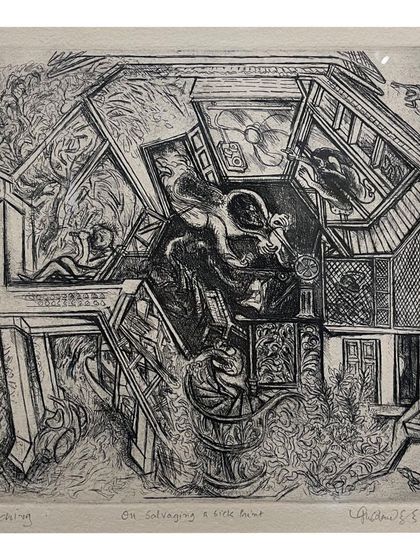 'On Salvaging a Little Bird', a complex etching by Gulammohammed Sheikh. His graphic prints are known for their narrative density and intricate detail.