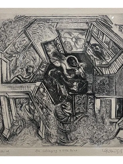 'On salvaging a little bit', a detailed etching by Gulammohammed Sheikh. His retrospective included a wide range of graphic prints, showcasing his mastery across different techniques.
