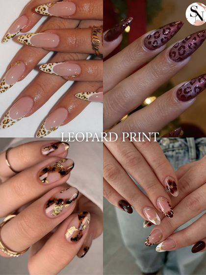 Leopard print is a timeless trend that can be adapted in many ways. This collage shows various leopard print designs, from classic patterns to more abstract interpretations with gold foil.