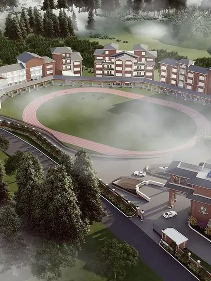 Our expertise extends to large-scale institutional master planning. This aerial view shows our transformation of a school campus, designed to harmonize with its natural surroundings. The plan integrates academic buildings with a full-sized athletics stadium, creating a world-class environment for learning and growth.