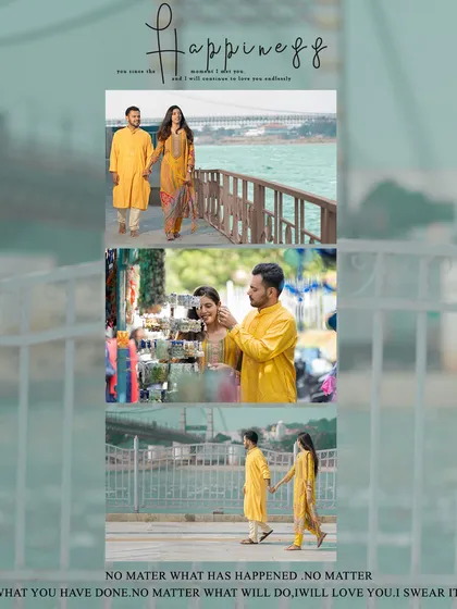 A collage showcasing a day spent in spiritual union. From walking on the bridge to shopping for trinkets, all in vibrant yellow ethnic wear, this captures a complete story of love and faith.