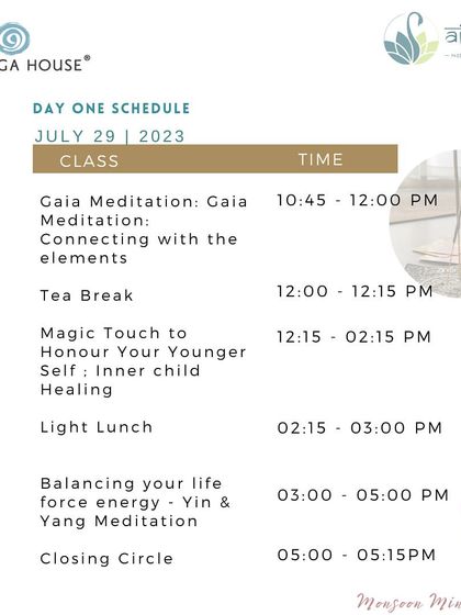 The full Day 1 schedule for our "Inner Oasis" retreat. It shows a balanced flow of activities, from connecting with the elements and inner child healing to balancing life force energy through Yin & Yang meditation.