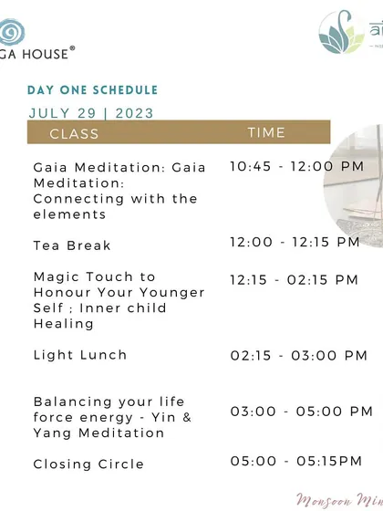 The day one schedule for our "Awaken Your Inner Oasis" retreat. The day included a Gaia meditation, inner child healing, and a Yin & Yang energy balancing meditation.