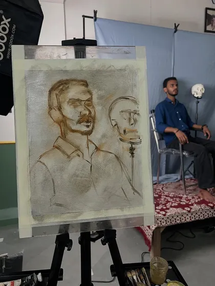 The initial sketch for Satyam's portrait. This is the foundational drawing on the canvas where I map out the composition and key features before beginning to apply color.