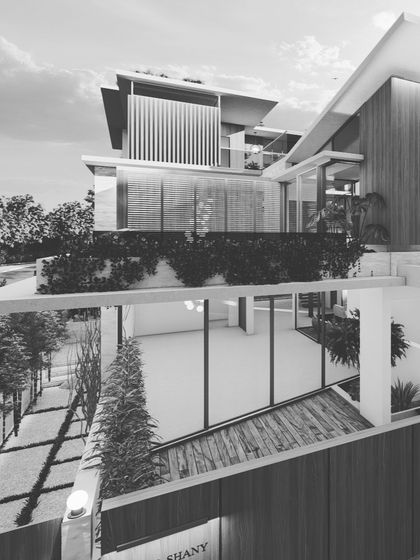 Another perspective of the "Eesome" project, this time showing the multi-level terraces and vertical screening used to create privacy and architectural texture.