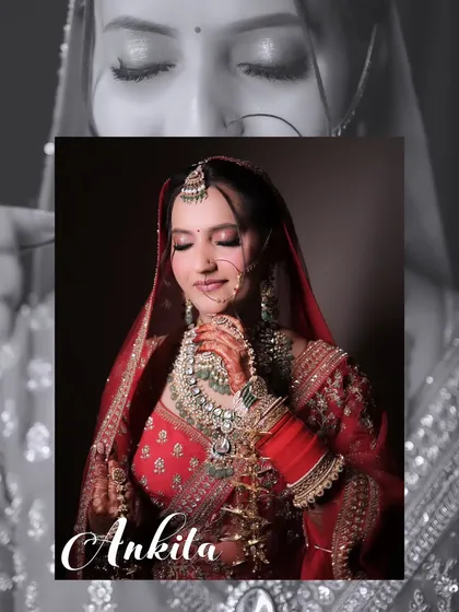 A beautifully edited portrait of bride Ankita. The selective color on the central image makes her red lehenga stand out against the monochrome background, creating a striking visual.
