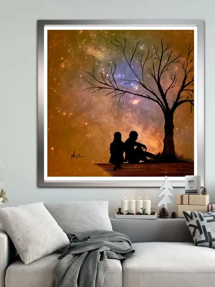 A romantic silhouette of a couple under a tree, set against a starry galaxy sky. This digital painting is all about love and cosmic connection, perfect for a special gift.