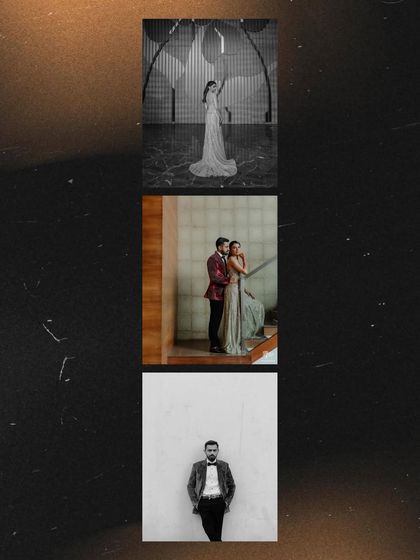 A collage of stylish moments from a Sangeet night. The black and white images create a timeless, cinematic feel, capturing the elegance and energy of the event.