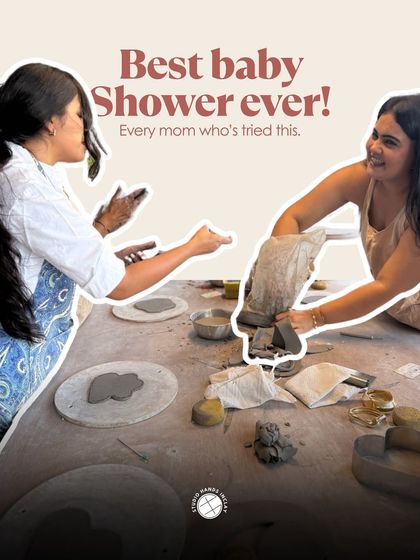 Two women are seen laughing and working with clay, with text highlighting that a pottery baby shower is an experience every mom-to-be loves.