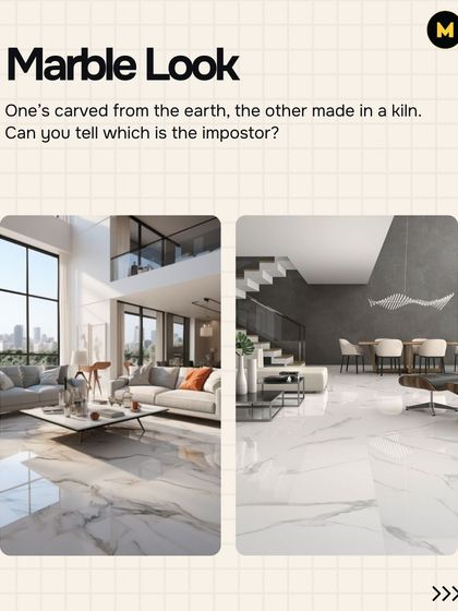 Can you tell the difference? One of these is a real marble slab, carved from the earth. The other is a marble-look vitrified tile, made in a kiln. Both are beautiful, but one is much more durable and affordable.