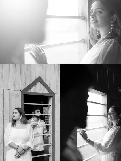 A beautiful black and white collage from a pre-wedding shoot, capturing intimate moments by a window. Our indoor spaces are designed to make the most of natural light for stunning portraits.