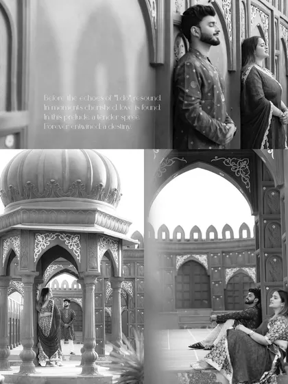 This collage showcases the versatility of our royal Indian set, from wide shots in the courtyard to close-ups against the detailed archways. The black and white treatment adds a timeless, classic feel to the pre-wedding photos.