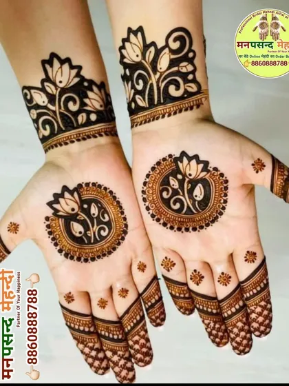 If you prefer something more modern and elegant, we specialize in Arabic mehndi styles. This design features bold floral and vine patterns with plenty of open space, creating a beautiful contrast on the skin.