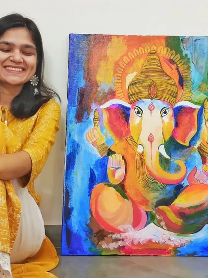 A joyful moment with the completed abstract Ganesha. The support from friends who commission art is what helps small businesses like mine thrive.