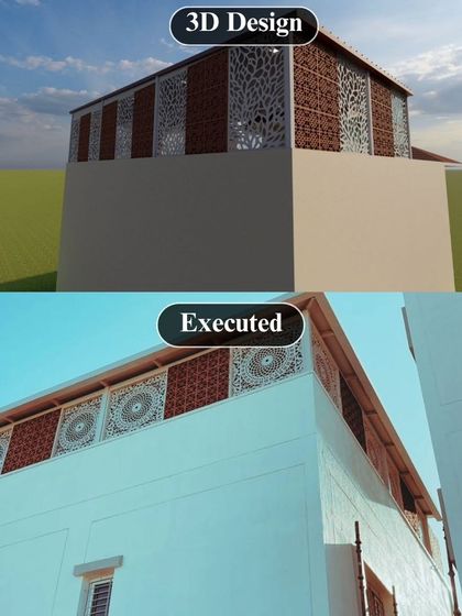 The exterior view shows how the 3D design for a rooftop structure with CNC and jali brick panels was precisely built. My process guarantees that the architectural integrity of your home is enhanced exactly as planned.