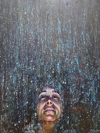 'ABAGAHANA', a 24x30 inch acrylic on canvas painting showing a face looking up into a shower of light and color.