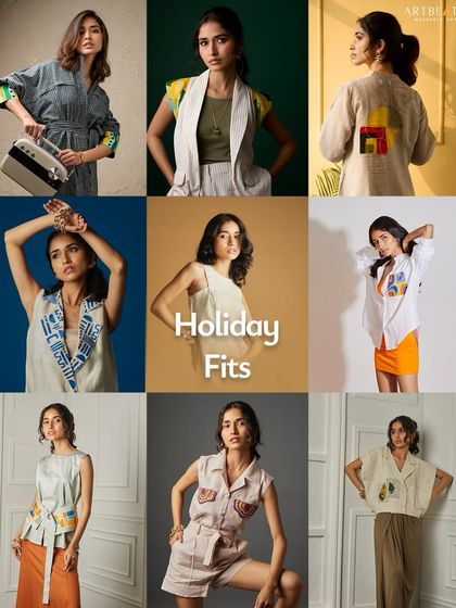 Get your holiday fix from us. This collage showcases a playful mix of our favorite holiday-ready outfits, perfect for adding a pop of art to your wardrobe.