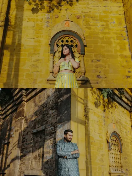 A diptych of solo portraits of the bride and groom against a textured yellow wall, using strong architectural lines.
