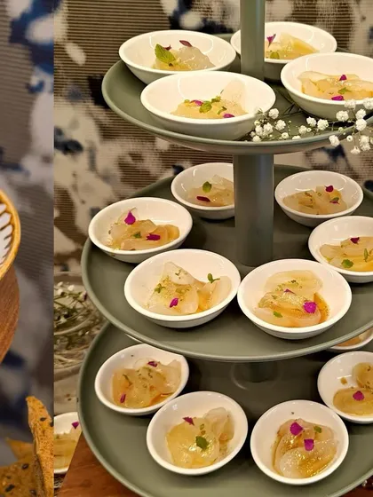 Our Tadgola Ceviche, a refreshing summer special served in individual bowls on a tiered stand. This dish is a unique and delightful appetizer for a sundowner.