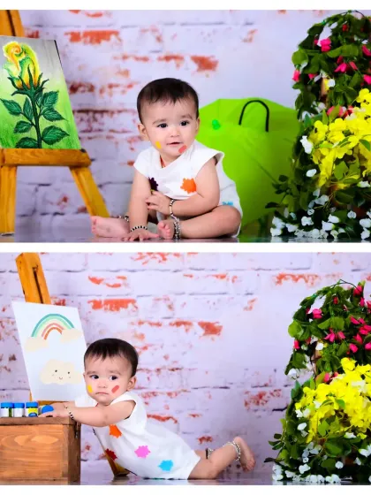 A collage of a little artist theme, showing the baby painting and posing with their artwork.