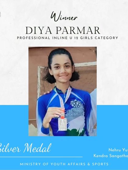 Diya Parmar with her silver medal in the Professional Inline U-12 Girls category at the NYKS competition. Her hard work consistently pays off.