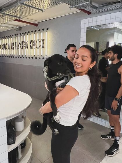 A member gets a hug from one of our beloved studio dogs. The pets at Knox are as much a part of the community as the people.