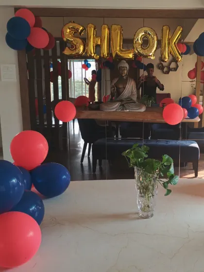 A reflection shot showing the birthday decorations in a client's home.
