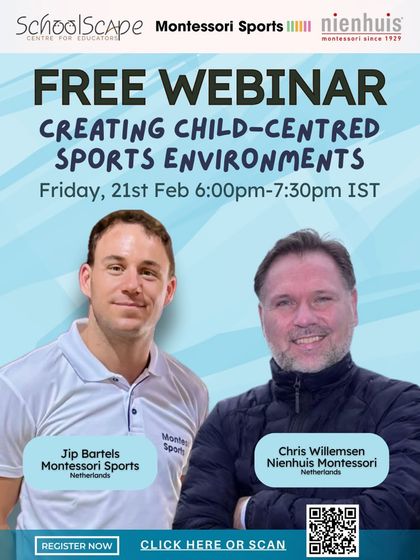 A free webinar on "Creating Child-Centred Sports Environments," featuring experts Jip Bartels of Montessori Sports and Chris Willemsen of Nienhuis Montessori. This session explores how Montessori principles apply to sports in any curriculum.