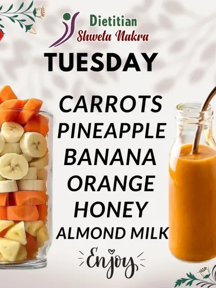 A perfect smoothie for skin health and immunity. This recipe combines carrots, pineapple, banana, and orange with almond milk and a touch of honey for a vitamin-packed drink.