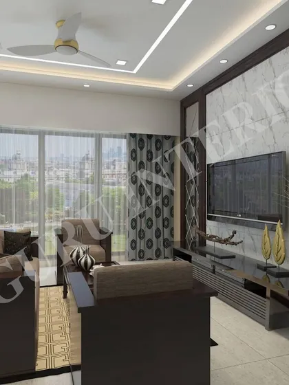 A 3D design for a living room with a classic and elegant feel, featuring a marble TV wall and dark wood furniture. This helps clients visualize the material combination and overall mood.