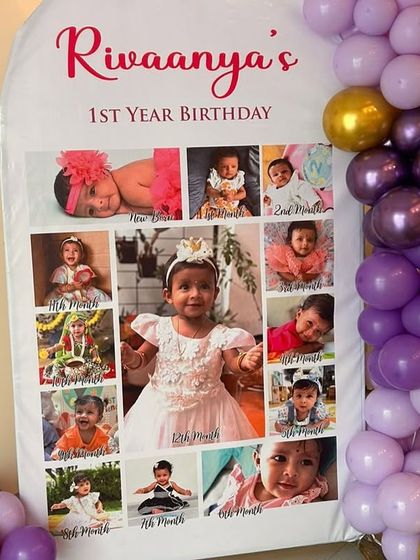A personalized photo milestone board for a first birthday. This beautiful display showcases the baby's growth over her first 12 months, framed by a purple and gold balloon arrangement.